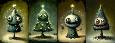Set of cute cartoons monsters in Christmas tree costume on dark backgroundの素材