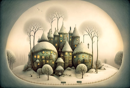 Winter cartoon cityscape, cute houses, postcard designの素材