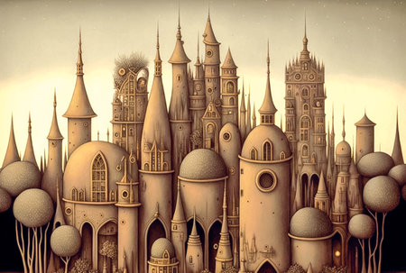 Cartoon illustration of cute houses, postcard design, fantasy cityscapeの素材
