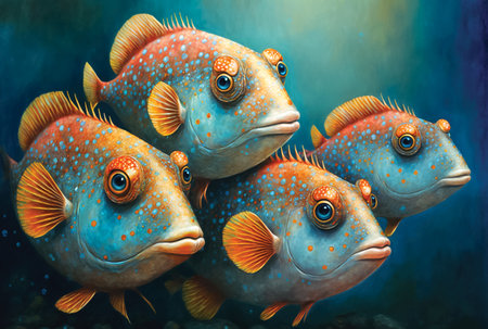 Portrait of cute cartoon fishes with big eyes, ocean backgroundの素材