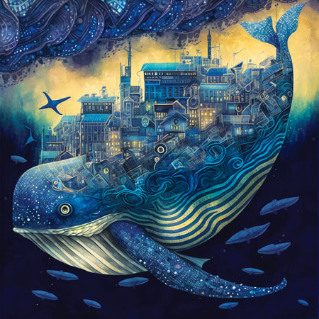 City on back of whale, abstract collage painting, digital illustration, wall artの素材