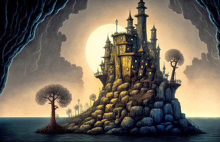 Mysterious cute cartoon castle illustration, dark fantasy, fairytale town on a rock islandの素材