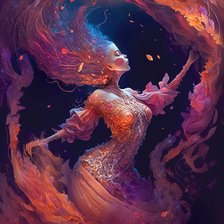 Young female dancer in ornate loose dress on mystery dark cosmic background, dynamic movement, generative aiの素材