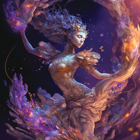 Young girl dancer, dark glowing mysterious cosmic background, dynamic movement, generative aiの素材