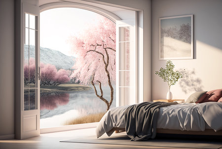 Bedroom interior, room with open panoramic window overlooking on river and blooming trees, modern designの素材
