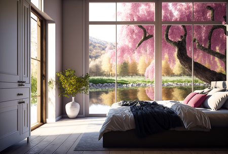 Modern design, bedroom interior, large panoramic window, blooming tree, view on river and hillsの素材