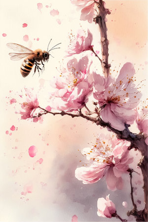 Bee and sakura blossom branch, pink tones, vertical artの素材