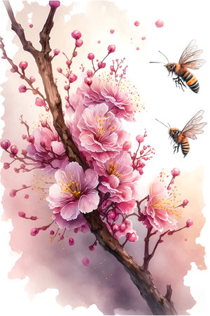Bees fly to sakura flowers, vertical paintingの素材