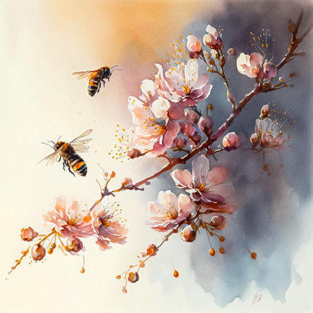 Bees and blossom sakura twig, square paintingの素材