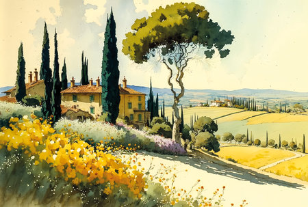 Printable watercolor landscape, panoramic view on sicilian hillsの素材