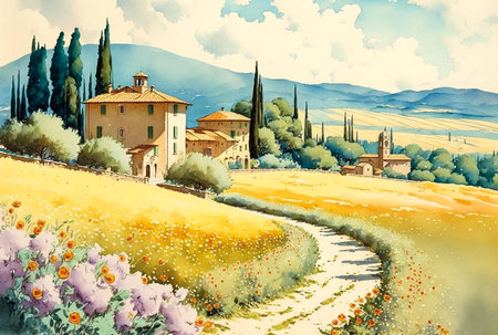 Italian landscape, village view, hills scenery, printable watercolor paintingの素材