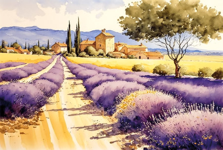Lavender field, printable watercolor landscape, Italy sceneryの素材