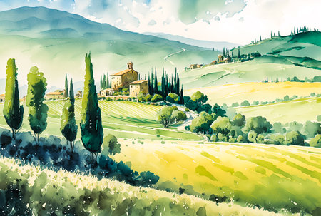 Printable Tuscany Scenery, Italian Village on Green Hill, Watercolor Artの素材