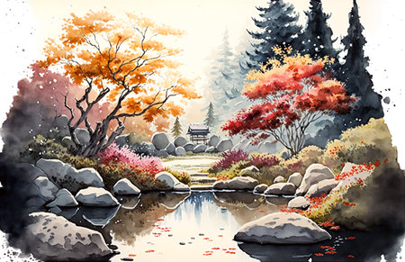 Oriental autumn landscape, garden with trees and a lake, printable watercolorの素材