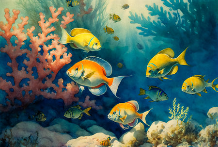 Seascape painting, underwater life, colorful fishes among the corals, printable watercolor artの素材