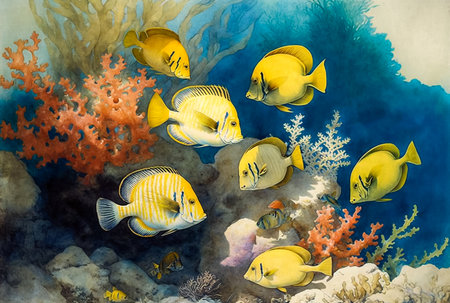 Printable watercolor seascape, underwater life, yellow sea fishes among the coralsの素材