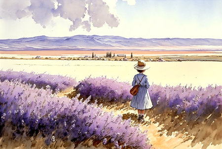 Little girl in the lavender field, summer scenery, printable watercolor landscapeの素材