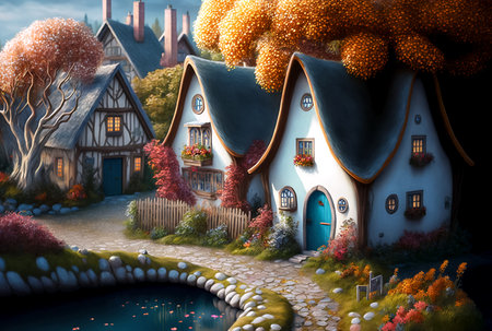Autumn cartoon landscape, cute village houses of fairylandの素材