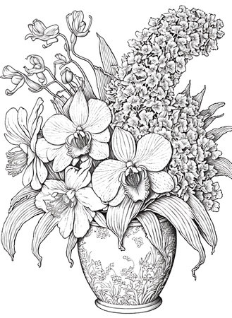 Hand drawn illustration of bouquet of orchid flowers in a vaseの素材