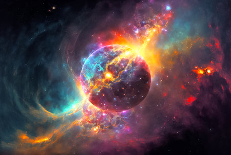Cosmos energy and planet, cosmic rays, digital illustrationの素材