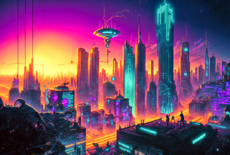 Sunset in the future city, cyberpunk art, urban sceneryの素材