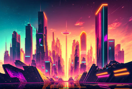 Futuristic city, urban future, sunset scenery, cyberpunk artの素材