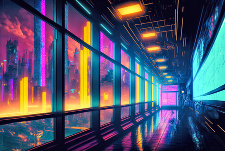 Cyberpunk art, futuristic building, view from the window, night city sceneryの素材