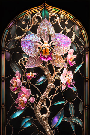 Stained glass window, orchid flower, dark background, digital ai artの素材