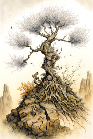 Dead tree, fantasy watercolor illustration, ai artworkの素材