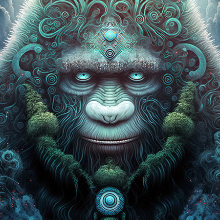 Ornate portrait of mythical monster, face of yeti, funny cartoon illustrationの素材