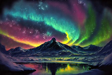 Aurora polaris, night landscape, starry sky over mountains and lakeの素材