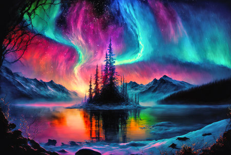 Northern lights, aurora polaris, northern landscape, sky illuminatedの素材