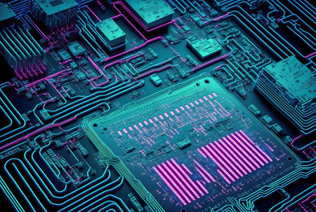 Electronic circuit board with chips, close-up, abstract illustrationの素材
