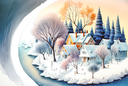 Winter cityscape, cute village houses, postcard designの素材