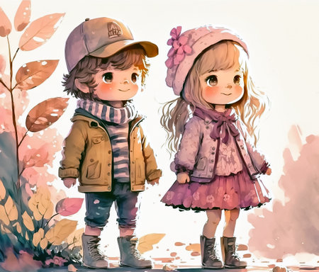 Happy autumn kids illustration, boy and girl standing outdoor, anime art, cute two little children, digital watercolor painting, generative aiの素材