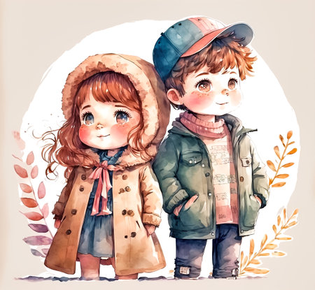 Watercolor portrait of cute children, boy and girl, printable painting, nursery art, generative aiの素材