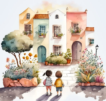 Summer cityscape, kids on the town street, back view, children going to the home, watercolor painting, nursery art, generative aiの素材