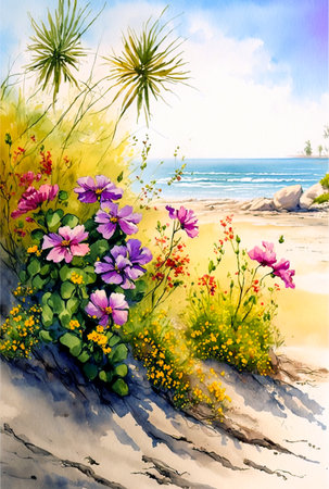 Sea shore landscape, wild flowers on coast, sunny day scenery, digital watercolor paintingの素材