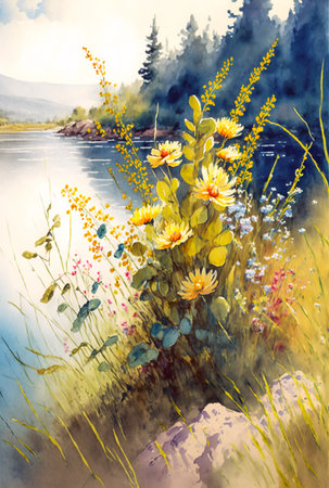 River landscape, wild flowers on shore, summer scenery, digital watercolor paintingの素材