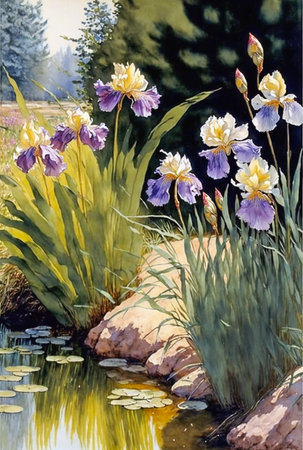 Irises flowers, pond landscape, wild flowers on shore, digital watercolor paintingの素材