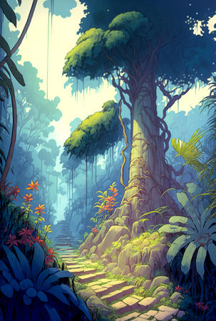 Walking path in the rainforest, digital illustrationの素材