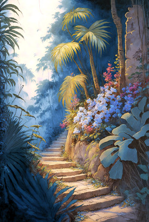 Jungle landscape with walking path and blooming blue flowers, digital illustrationの素材