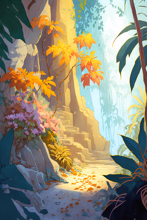 Forest trail in the mountains, jungle landscape, digital illustrationの素材