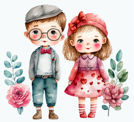 Cute kids portrait, boy and girl together, valentines day illustration, nursery art, printable watercolor painting, ai generatedの素材