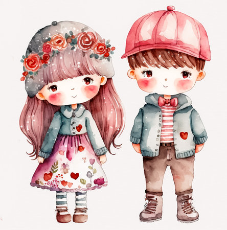 Couple love, portrait of girl and boy, cute children, printable watercolor painting, isolated on white, colorful illustration, nursery art, generative aiの素材
