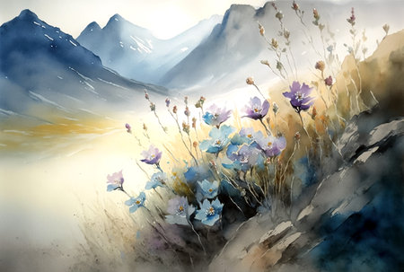 Mountain landscape with wild flowers. Digital watercolor painting for printing, generative aiの素材