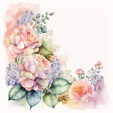Watercolor painting of roses and hydrangeas. Corner frame with copy space. Digital illustration for your design, generative aiの素材