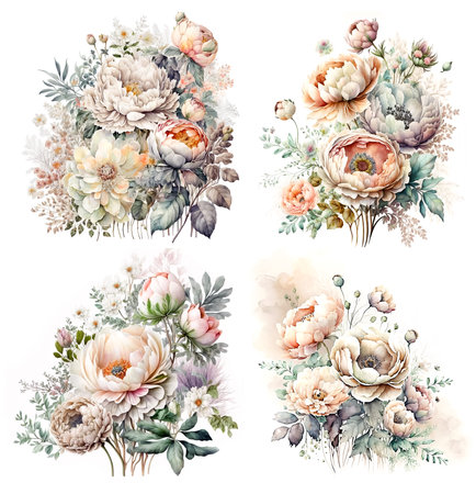 Floral set. Bouquets with peonies and roses. Watercolor digital painting illustration isolated on white backgroundの素材