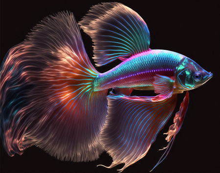 Phantasmal iridescent glowing fluorescent betta fish, isolated on black background. Closeup digital illustration, generative aiの素材