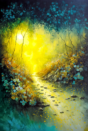 Abstract vertical artwork, digital painting of a path in the woods with beautiful flowers in the foregroundの素材